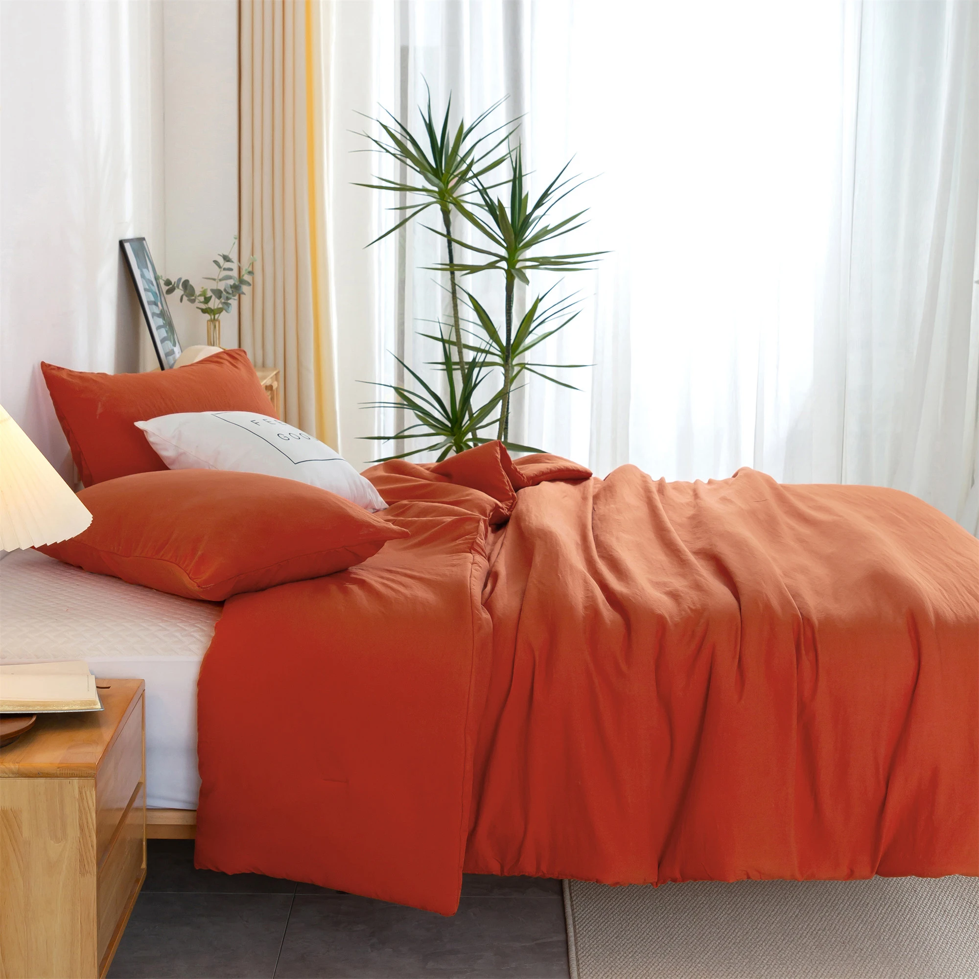 Bedding Comforter Full Sets Sliky Super Soft Washable Cotton Orange Comy Fluffy Pillow Shams All Seasons