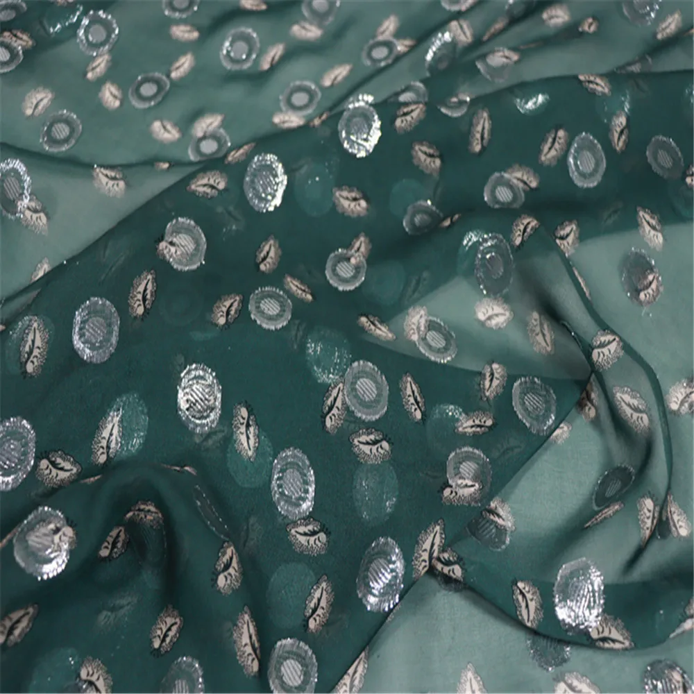 Environmental Charming Dark Greem Hot Sale Silk Metallic Fabric Lurex Silver Dots Leaves for Men Women Shirt Trousers Scarves