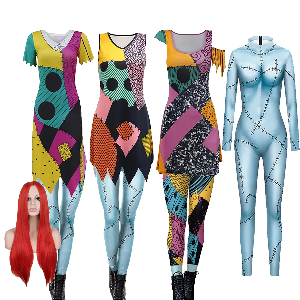 Sally Costume Red Sally's Wig Halloween Cosplay Suit Patchwork Printed Leggings Dresses Fancy Party Clothes Long Straight Wig