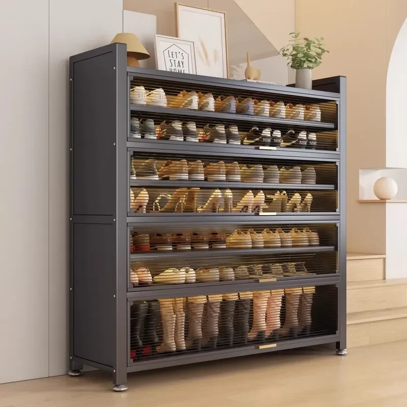 for Steel Shoe Cabinet Integrated Multi Layer Storage Against Wall Home Door Large Capacity Floor to Ceiling Dust Proof Rack