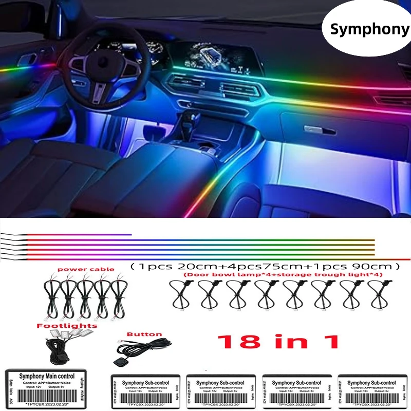 

18 in1 Symphony Car Ambient Lights 64 RGB Car Interior Acrylic Light Guide Fiber Optic Car Decoration Atmosphere Light Universal