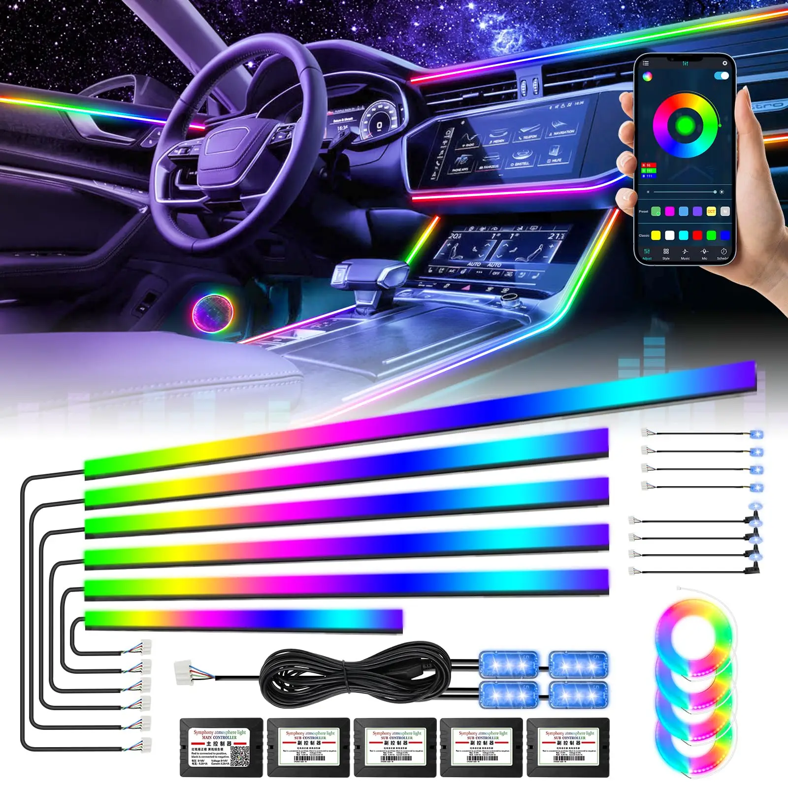 

22 in 1 Dual Zone Symphony LED Car Ambient Lights RGB 64 Colors Interior Rainbow Acrylic Strip Neon Atmosphere Lighting Kit App