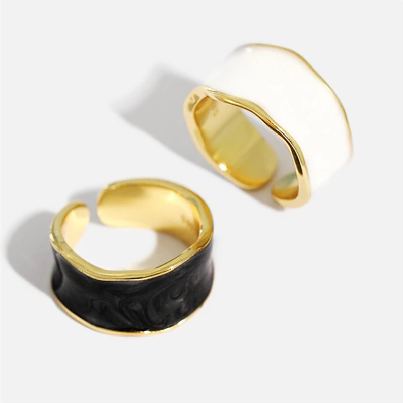 Black White Drip Glaze Wave 925 Sterling Silver Resizable Opening Ring For Women Luxury Jewelry RI665