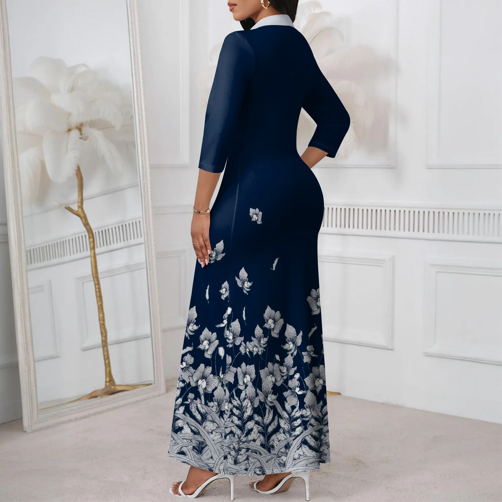Nupusa Navy White Floral Print Dress for Women Regular Size Casual Shirt Collar 3/4 Sleeve Maxi Dress