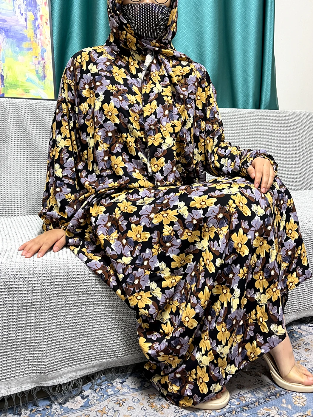 Conjuntos de Ramadán musulmán para mujer, ropa de oración, estampado Floral, algodón, manga larga, bata suelta, Hijab cerrado