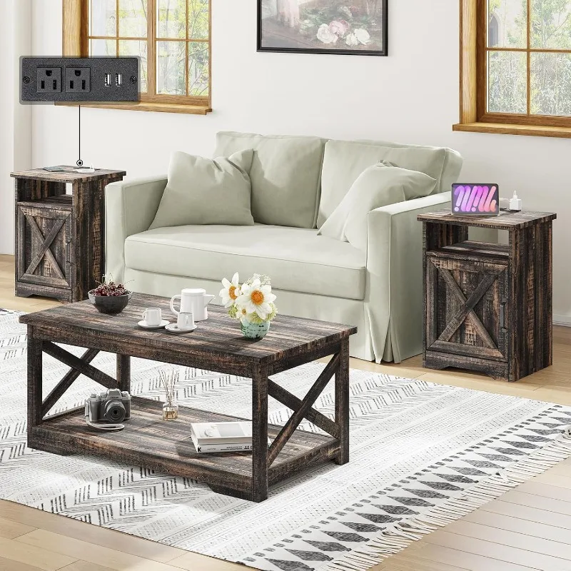 3-Piece Farmhouse Table Set Includes Coffee Table& Two End Tables with Charging Station and USB Ports, for Living Room