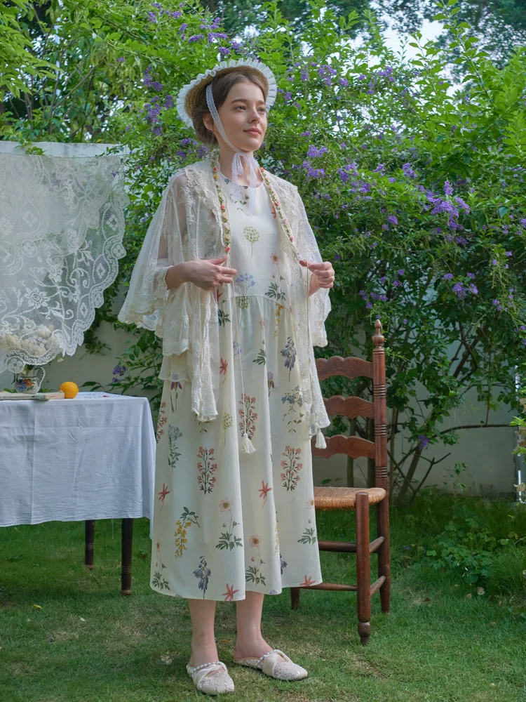 

Spring Summer Women Elegant Fresh White, Antique Painting of Plants and Flowers, Printed, Loose Mori Kei Girl Sleeveless Dress