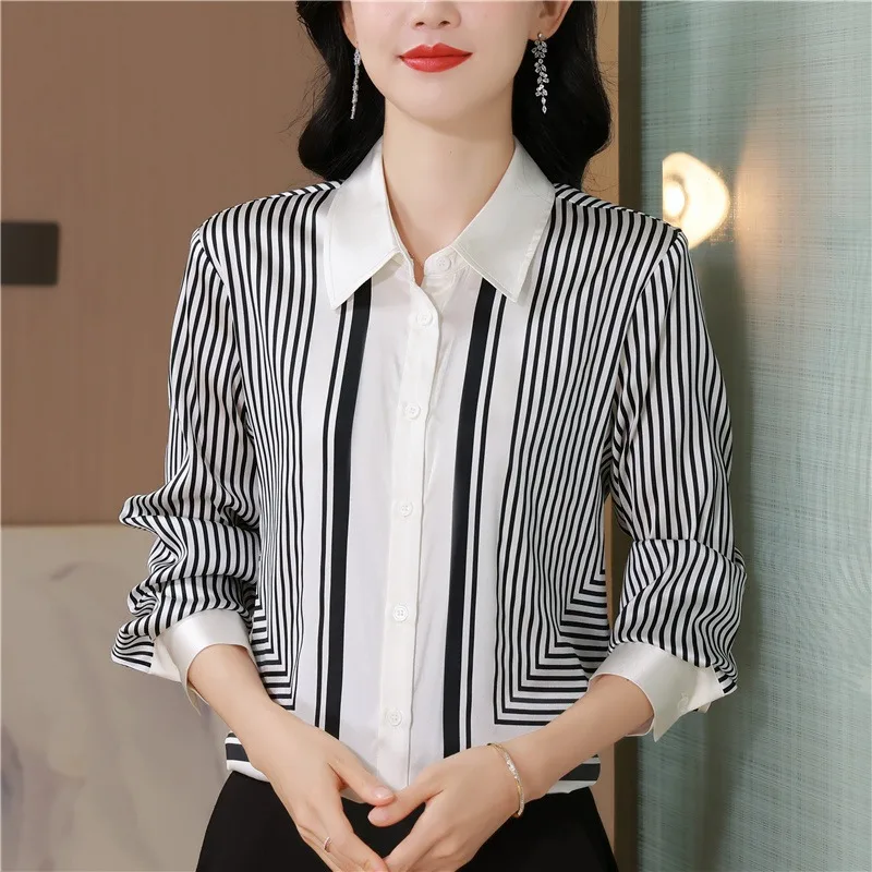 

Satin Women's Blouses Korean Office Lady Shirts FASHION Loose Spring/Summer Vintage Clothing Striped Long Sleeve Women Tops