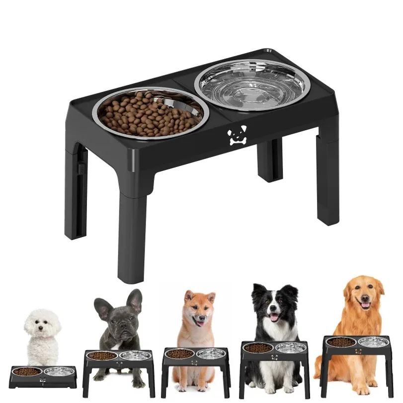 Foldable Elevated Stainless Steel Dog Bowl Height Adjustable Double Feeding Bowl for Medium Large Dogs