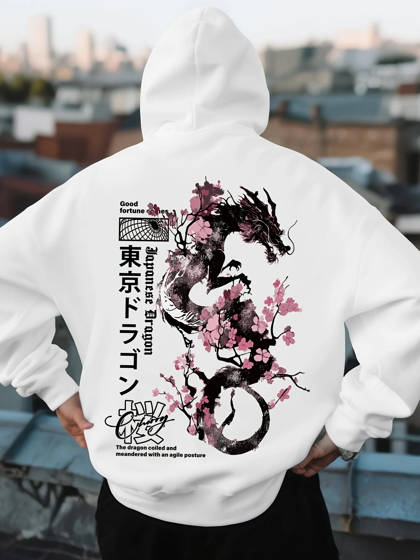 Japanese Street Ink Wash Dyeing Sakura Dragon Print Men Hooded Sweatshirt Autumn Winter Daily Outdoor Sports Loose Leisure Warm