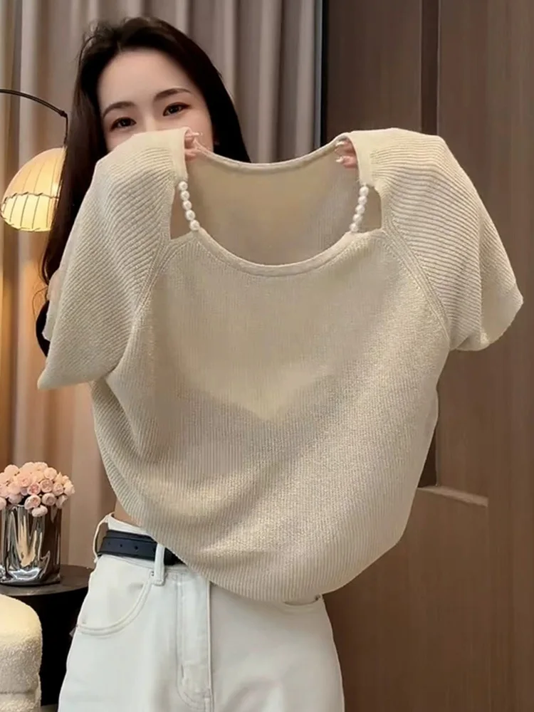 

Ele Hollow out Knitwear ort Sve Commute Top for Women Faionable Unique Pure Color Versatile Summer Silk Blouse