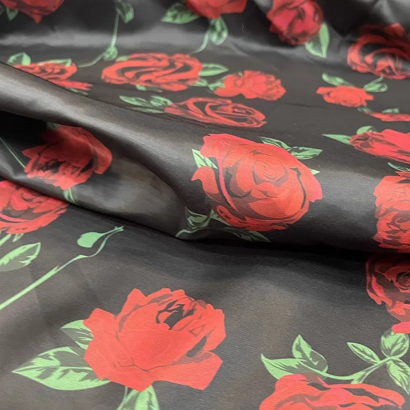 Europe And America Fashion Black Base Red Rose Flower Printed Polyester Fabric For Women Dress Blouse Handmade DIY Cloth Sewing