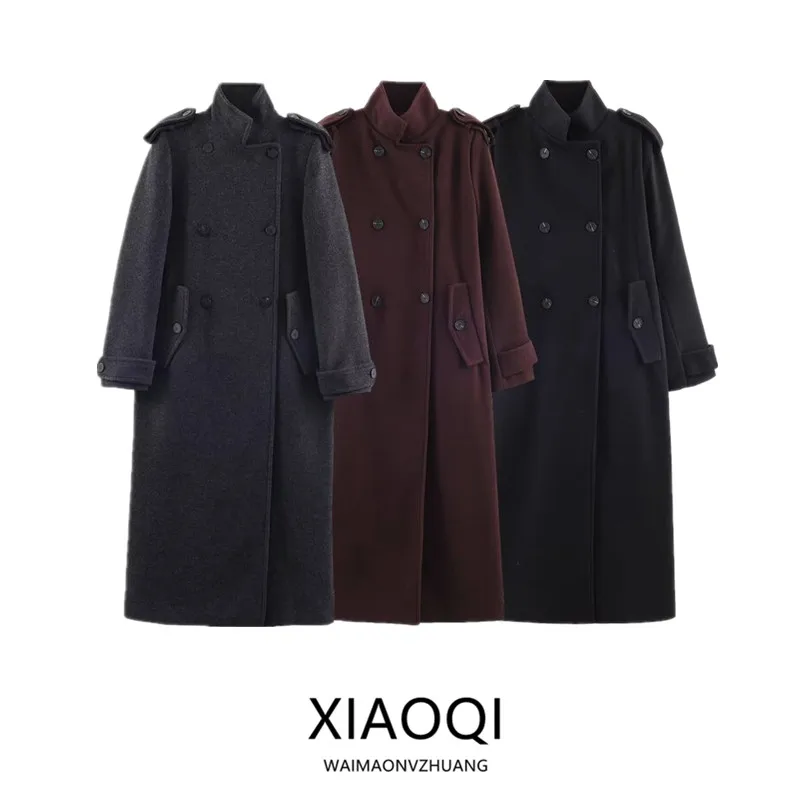 

Faionable Long Mixed-Fiber Coat Women's Winter 2025 New Arrival Versatile Commute Outerwear Ele Stand Collar Double-Bre...