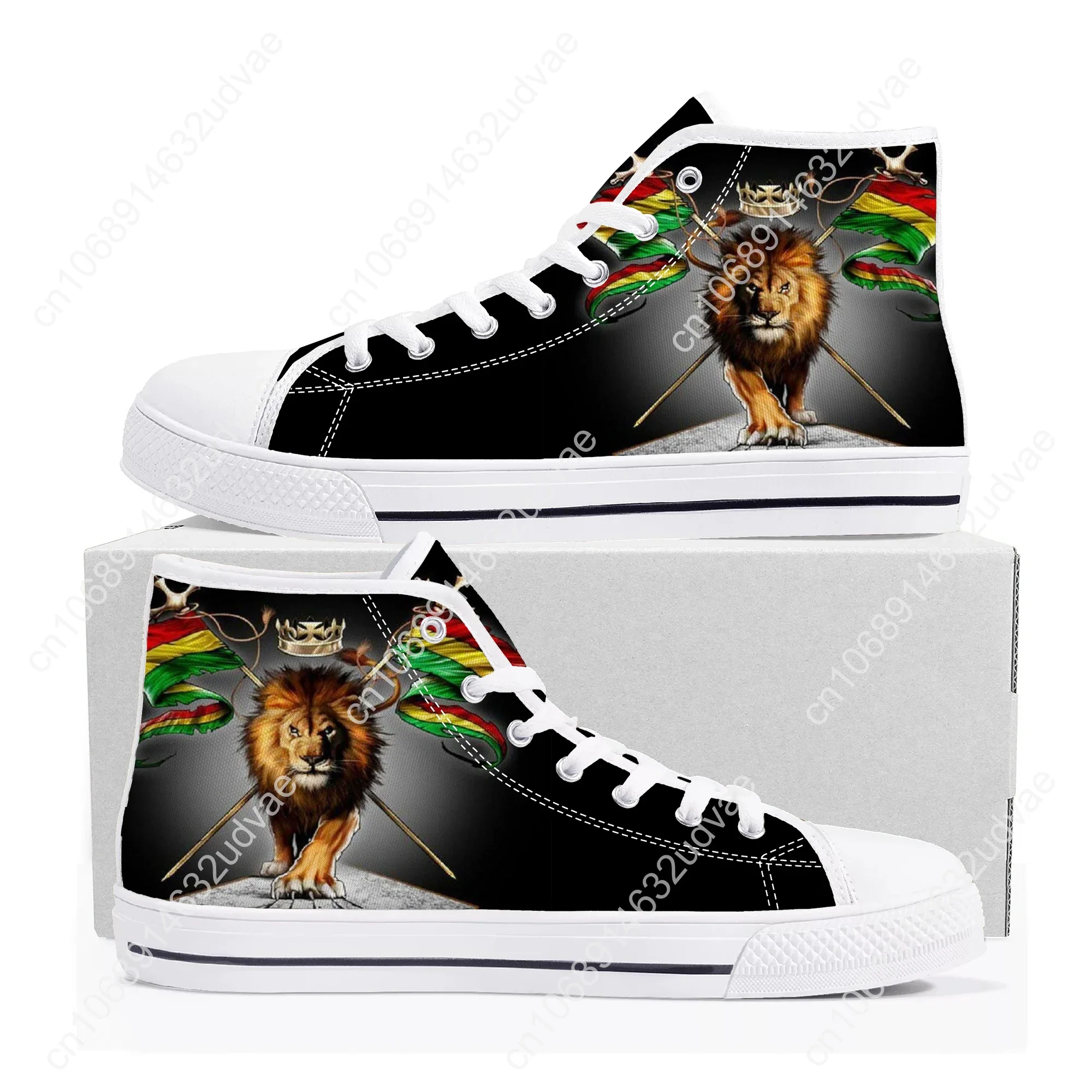 Reggae Rastafari Rastafari Lion Of Judah Sapatilhas de cano alto para homens e mulheres, sapatilha de lona, sapato casual personalizado