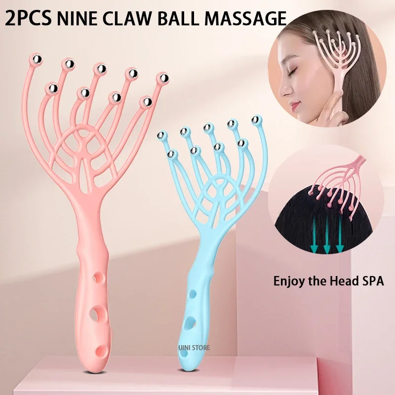 

2 шт. массажер для головы, расческа для кожи головы, шеи, роликовая пятипальцевая 9 когтей, стальной шарик, ручной расслабляющий спа-уход за волосами, снятие стресса