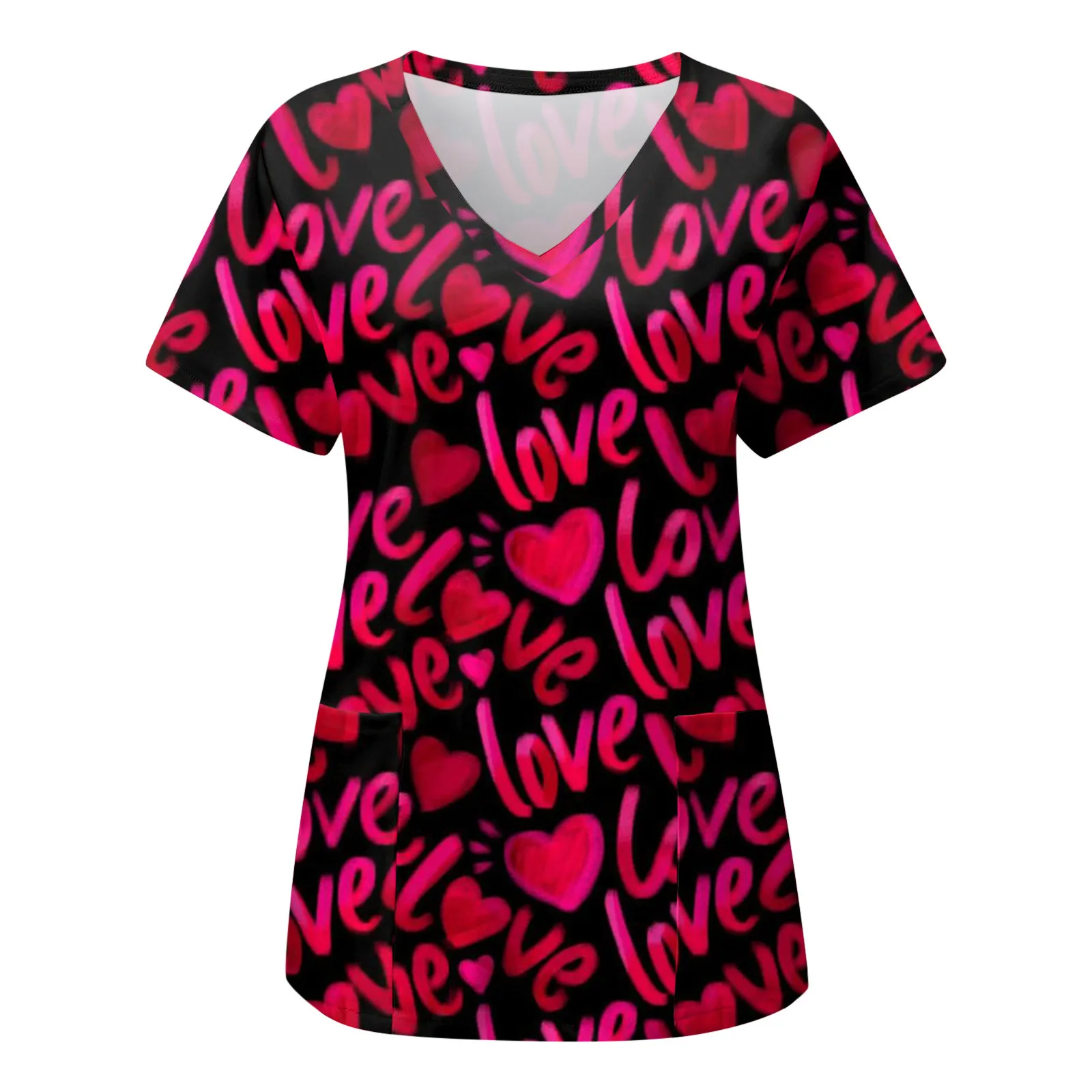 Women Scrub Nurse Print Short Sleeve Cartoon V-Neck Tops Working T-Shirts Heart Print Healthcare Tunic Carers Workwear Tops