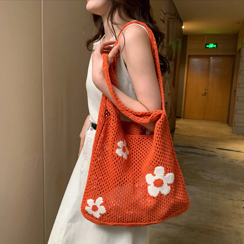 Ins Fashion Sweet Flower borsa a mano cava lavorata a maglia borsa per la spesa di grande capacità borsa a tracolla retrò semplice da donna per le