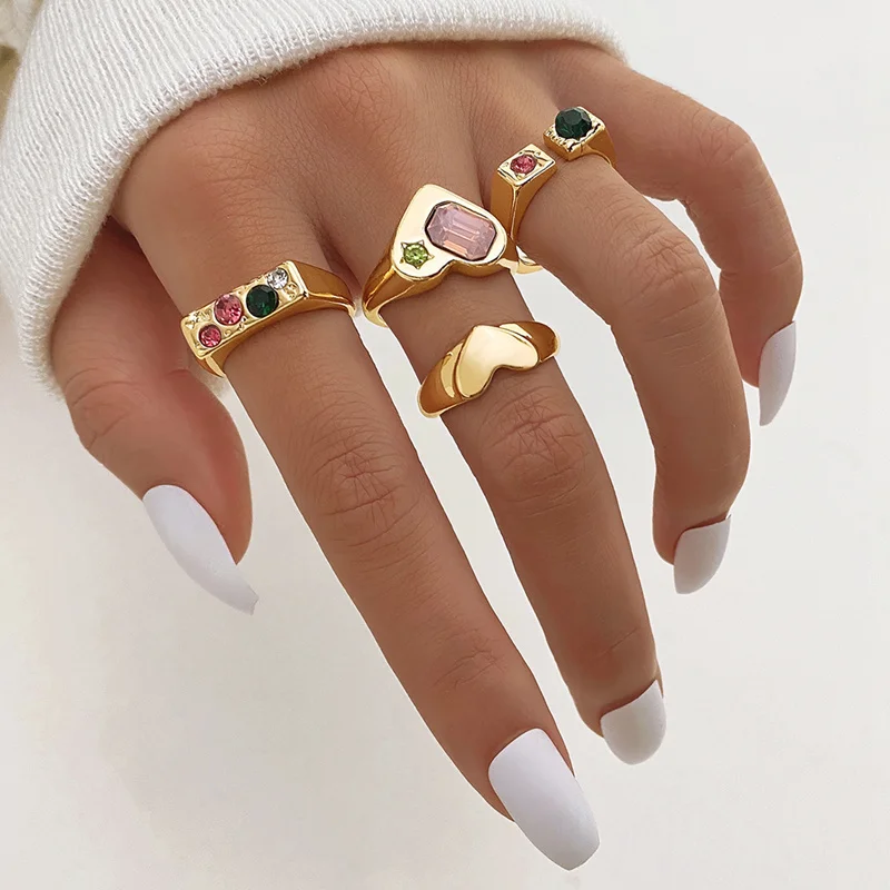 IFKM Trendy Bohemian Knuckle Ring Set For Women Gold Color Crystal Heart Geometric Fashion ​Finger Rings Jewelry Gifts 2023