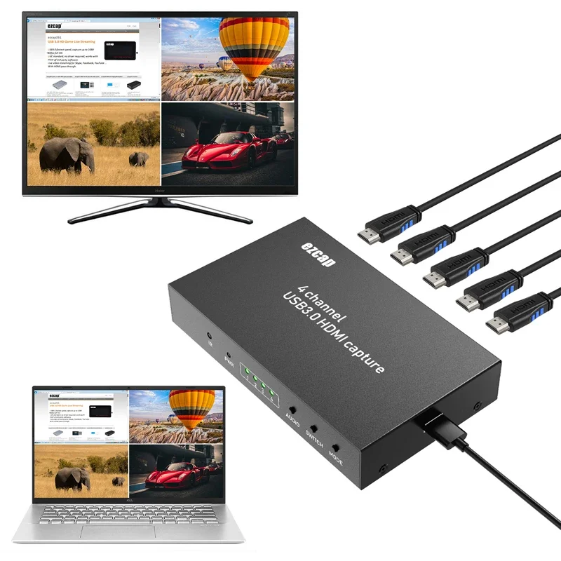 4 Channel HDMI To USB3.0 UVC Video Capture Card with 4x1 HDMI Multiviewer Switch for OBS STUDIO Windows Mac Linux Live Streaming