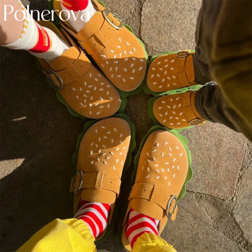 

Novelty Designer Style Hamburger Slippers for Women Creative Metallic Square Buckle Mules Fashion Style Slip-On Slippers New in