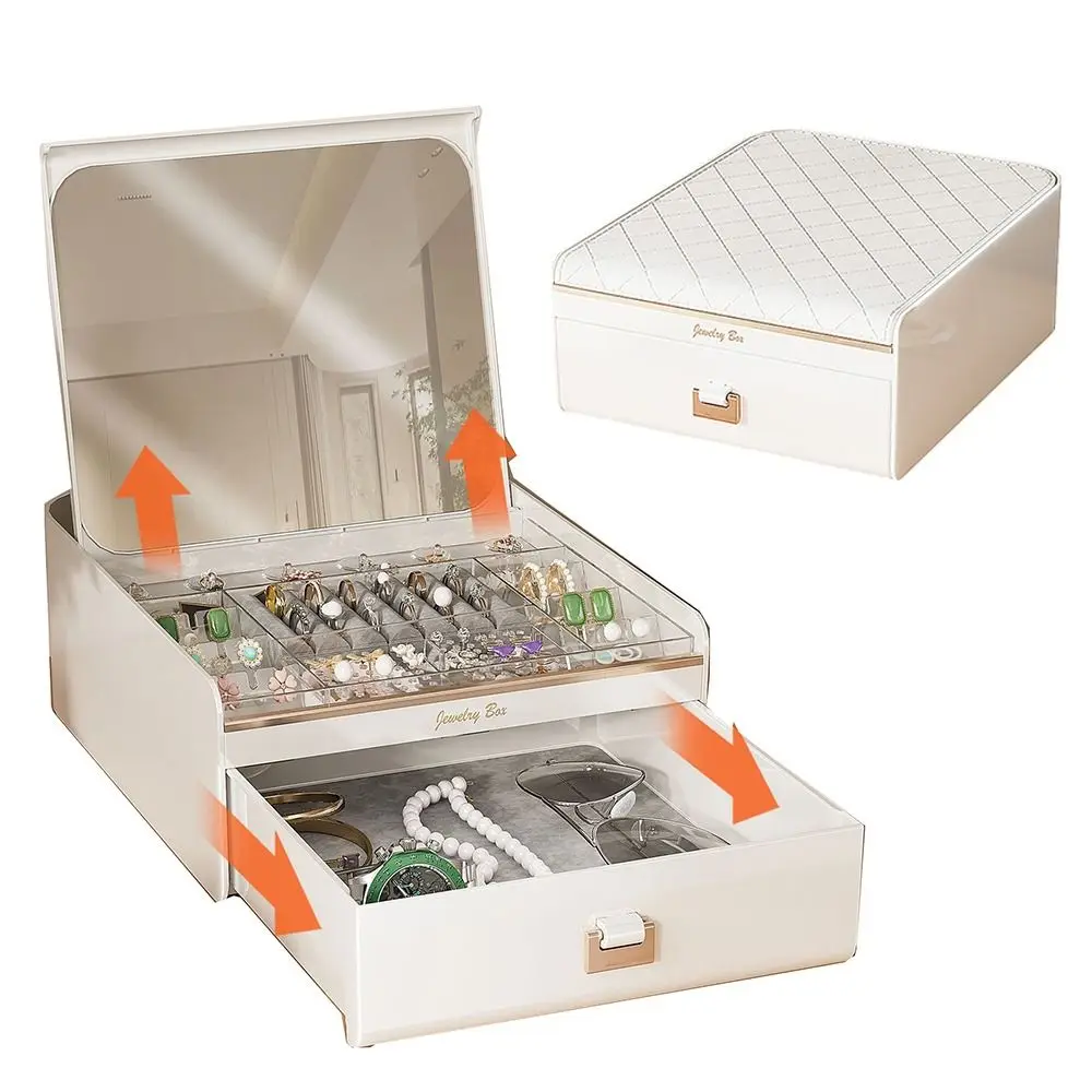 

2-Layer Jewelry Box with Mirror Dust-proof Drawer Women's Jewelry Case Multi-compartments Non-slip Jewelry Storing Organizer
