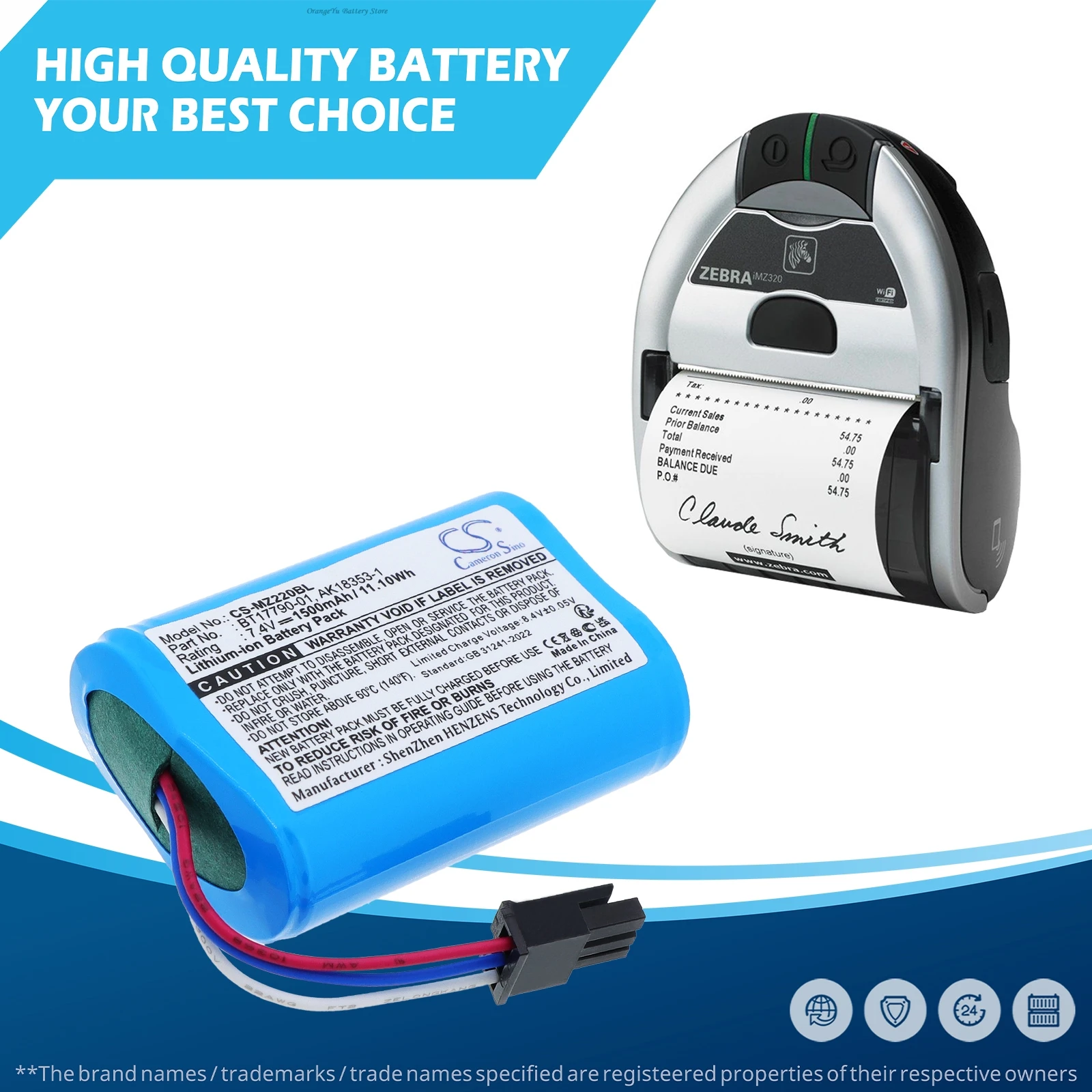 Replacement 7.4V 1500mAh Portable Printer Battery BT17790-2 BT17790-1 AK18353-1 for Zebra IMZ320 MZ220 MZ320 MZ420L