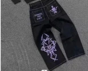 Ropa de calle Y2K hombres mujeres Harajuku gótico Retro Cruz Rhinestone Retro azul pantalones vaqueros holgados pantalones de pierna ancha de cintura alta