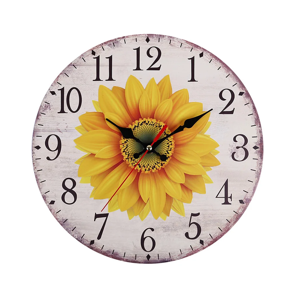 

Silent Round Wooden Wall Clock 30cm Creative Sunflower Decor for Home Bedroom Living Room Kitchen Office Dining Room