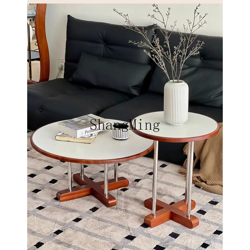 

SM medieval white rock slab coffee table movable living room household round minimalist side table
