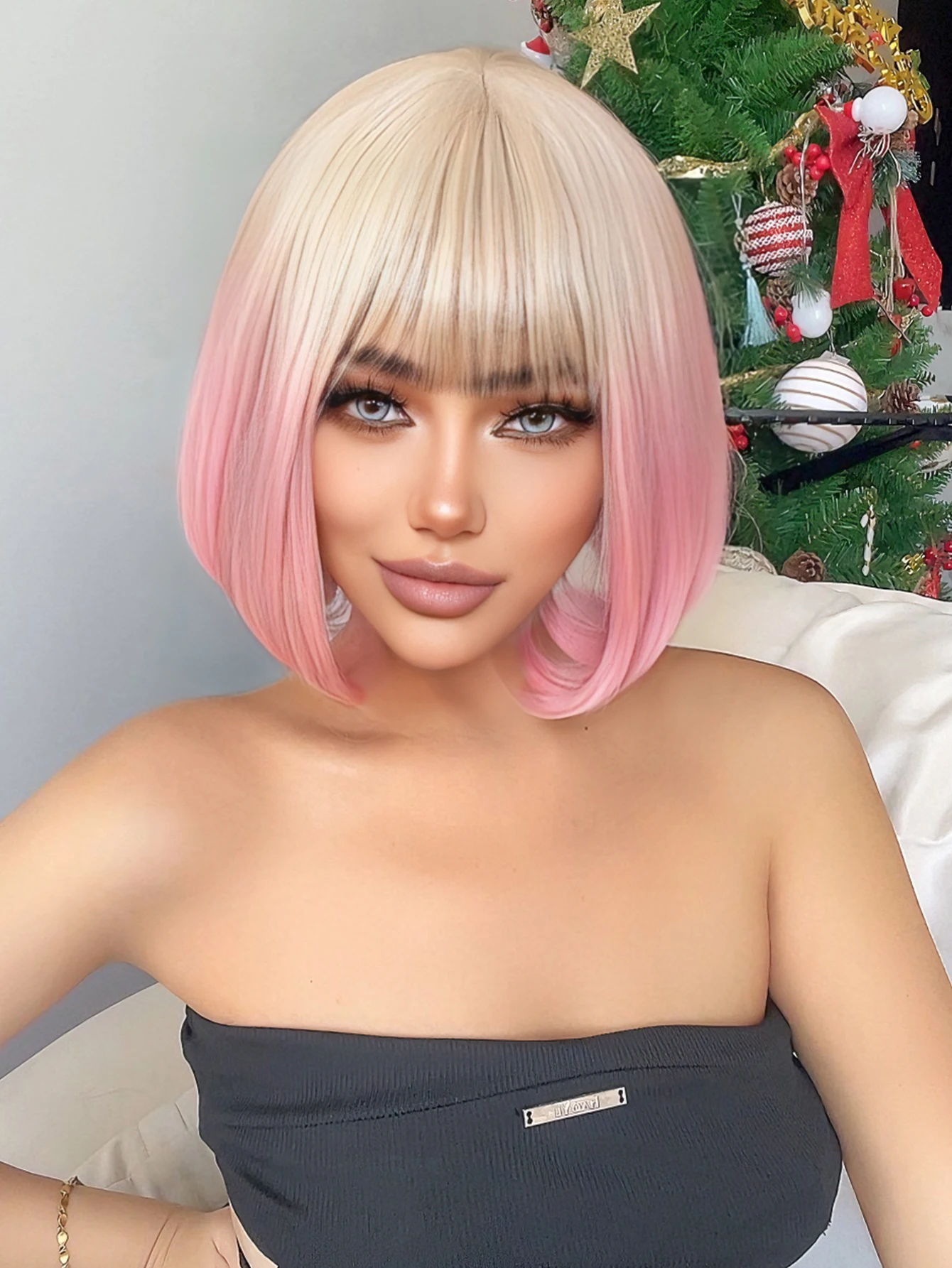 

12Inch Blonde Gradient Pink Color Synthetic Wig With Bang Short Natural Straight Hair Wig For Women Cosplay Party Heat Resistant