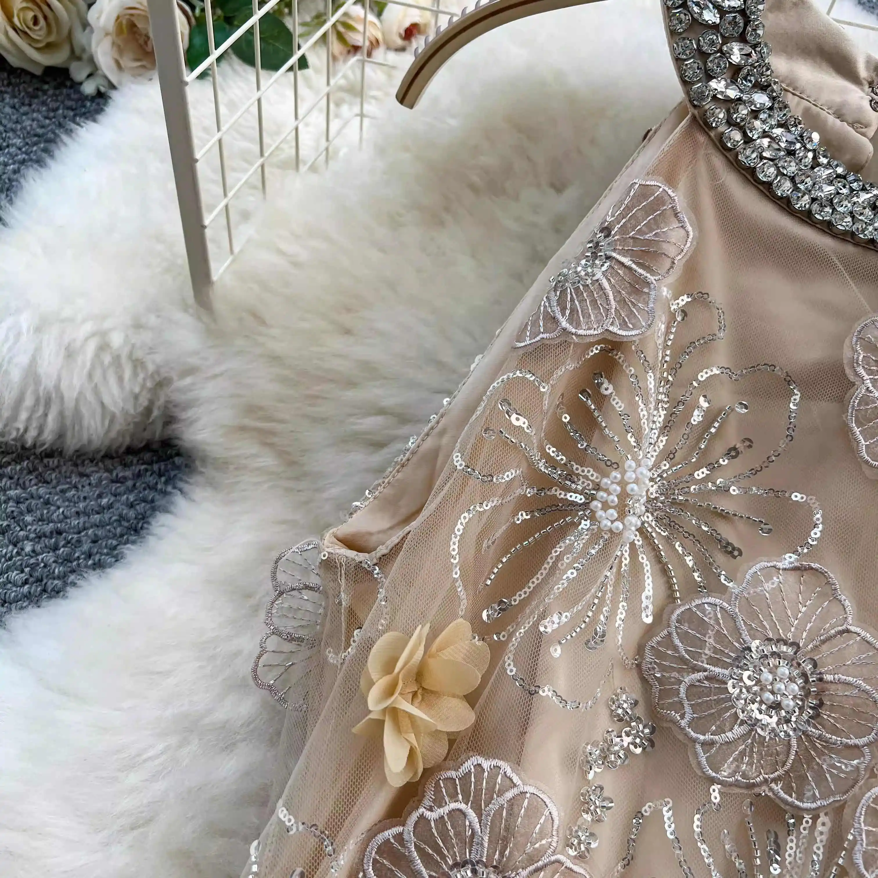 Golden Beading Mesh Dress Women Sleeveless Halter Summer Streetwear Chic Clothing Lady Holiday Party Summer Vestidos Bodycon