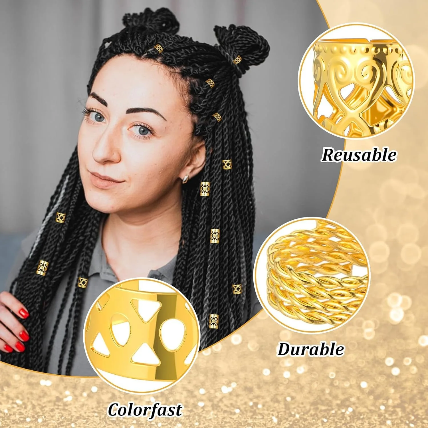 

Premium 220 Count Gold Electroplated Round Crown Dreadlocks Extension Loop Kit Hollow Design for DIY Hair Decoration