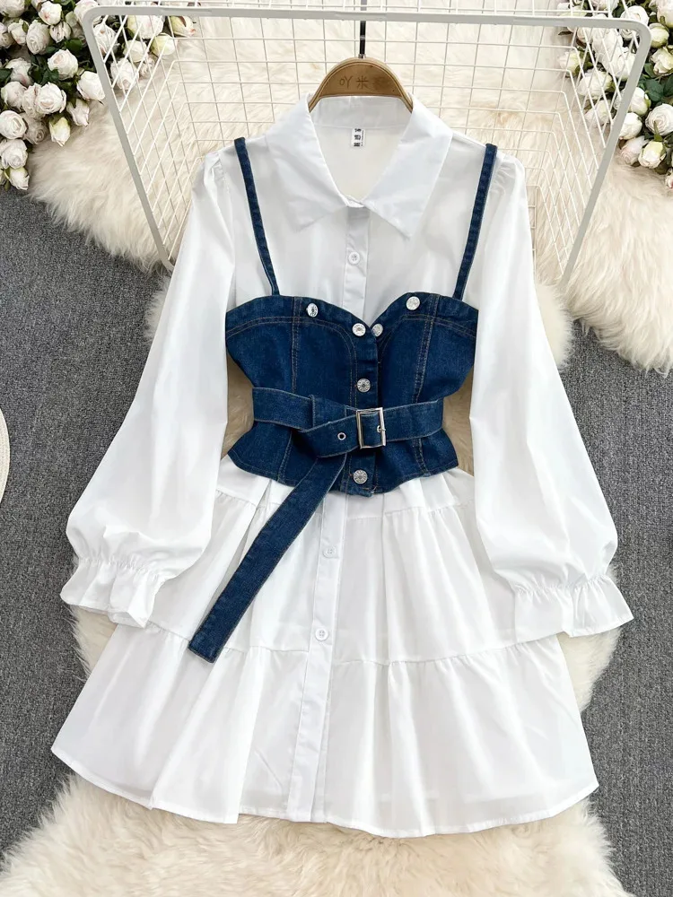 Spring Autumn Cowboy Waistcoat Female Elegant Length Sleeve White Shirt Dress Vest Women's Two-Piece Set GD785