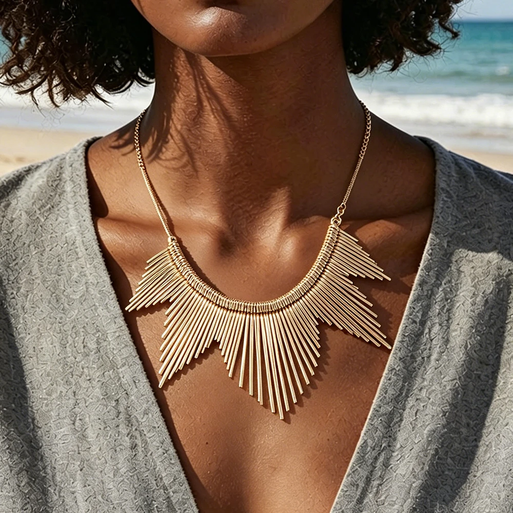 Exaggerated Design Metal Line Tassel Pendant Necklace for Women Vintage Statement Jewelry Summer Beach Party Neck Accessories