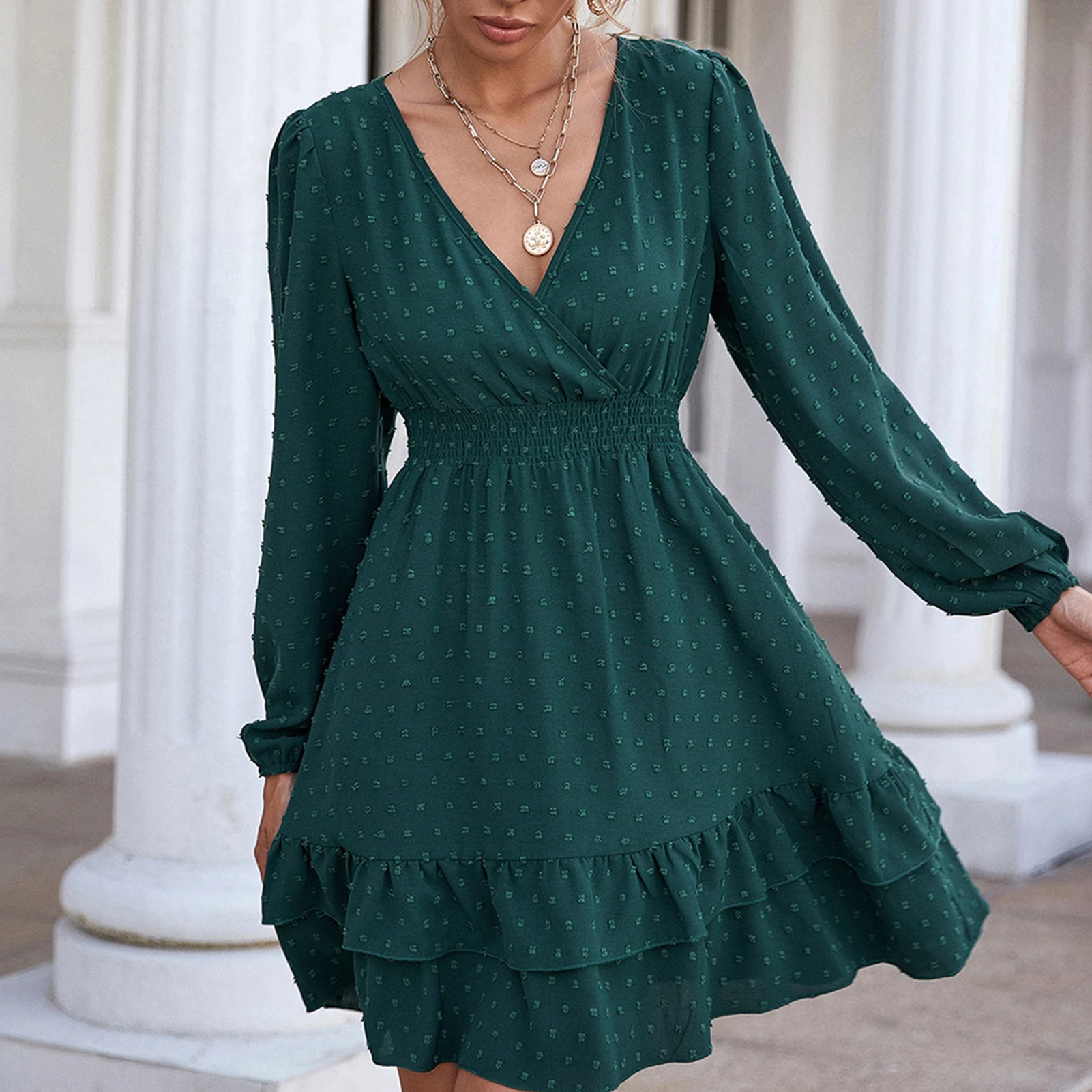 2024 New Stylish V-Neck Dress with Ruffle Trim Polka Dot Figure-flattering Women Dress ,Elegant Comfy A Line Dresses