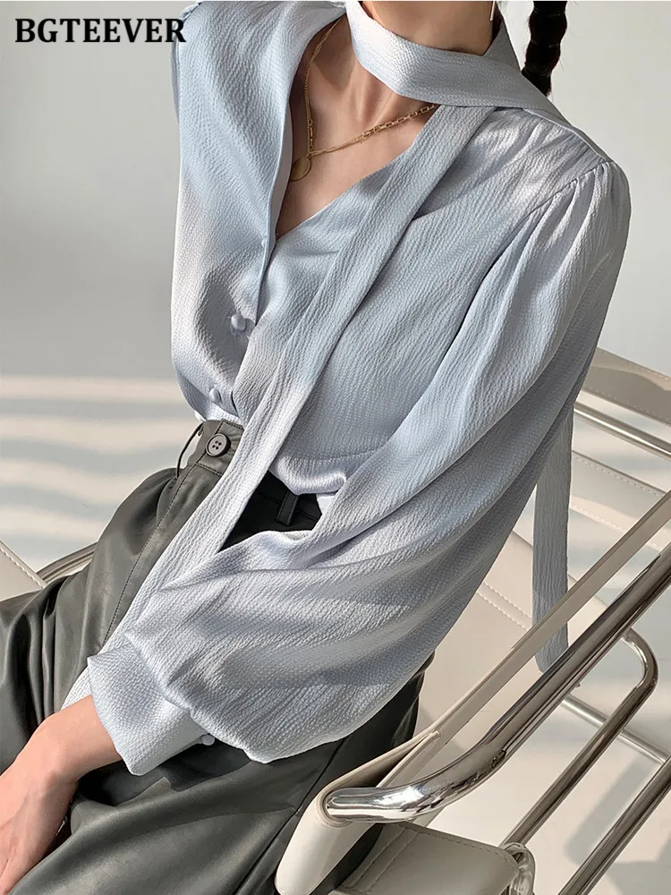 BGTEEVER Fashion V-neck Ribbon Single-breasted Solid Ladies Shirts Autumn Elegant Long Sleeve Loose Women Blouses Camisas