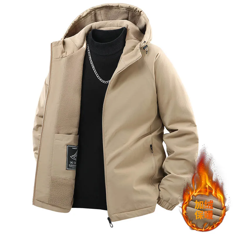 سترة جديدة للخريف والشتاء سميكة مبطنة بالصوف للرجال سترات بقلنسوة معاطف كاجوال مقاومة للرياح ومقاومة للماء ملابس رجالية غير رسمية للخروج