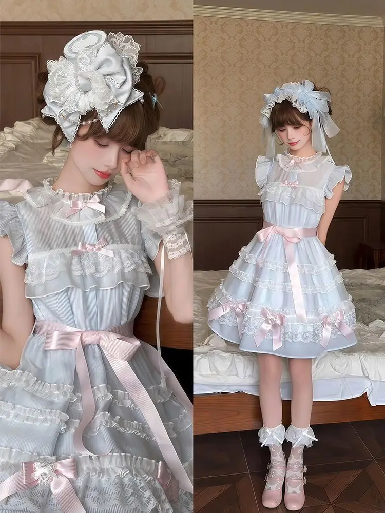 

COALFELL Blue sweet girl date outfit - редкое платье в полоску для весенне-летнего сезона в стиле Лолита