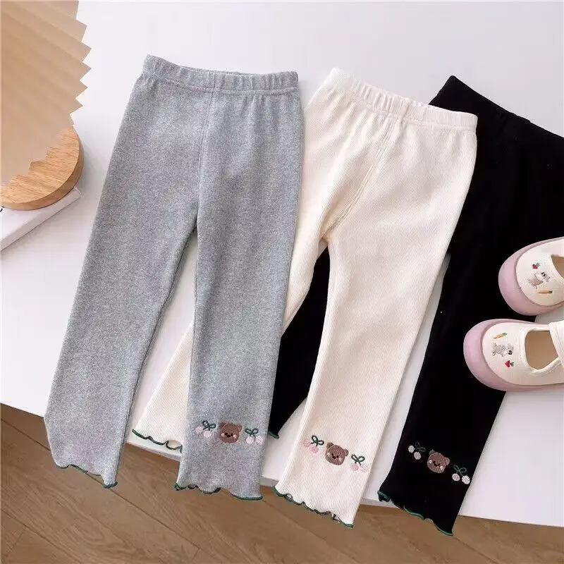 

Autumn and Winter Girls Leggings with Bear Cherry Embroidery Fashionable Children's Ice Silk Thin Outer Wear Small Pants Thin