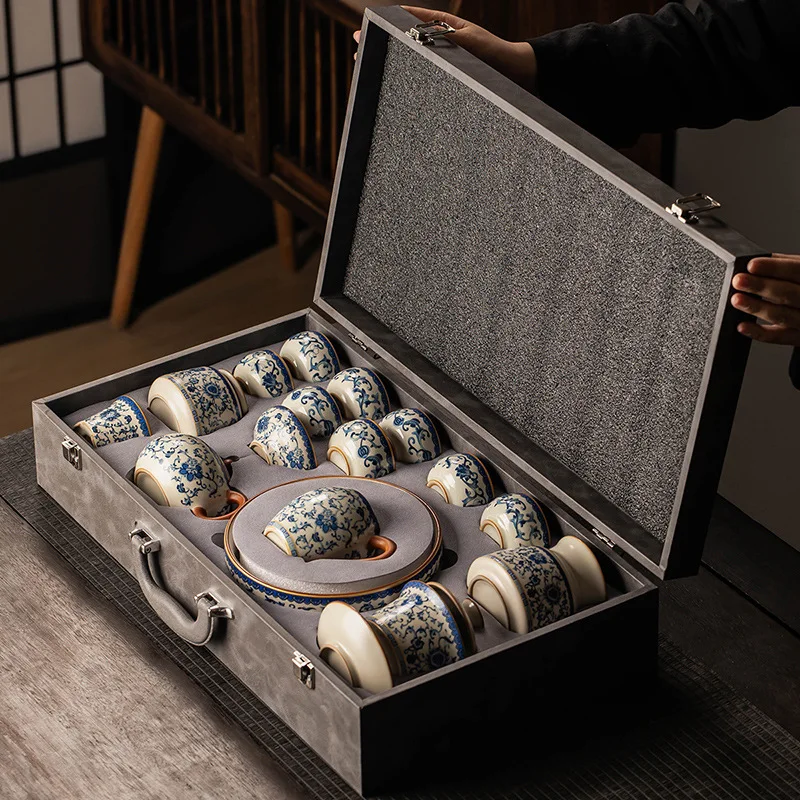 

Blue and white yellow Ru kiln tea set, household light luxury high-end ceramic teapot, kung fu teacup, complete set of souvenirs