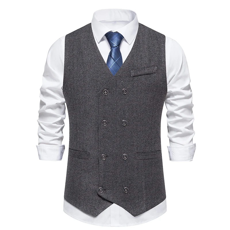 

Vintage Mens Suit Vest Double Breasted Herringbone Tweed Cowboy Vest for Men Waistcoat Wedding Gilet Homme Costume