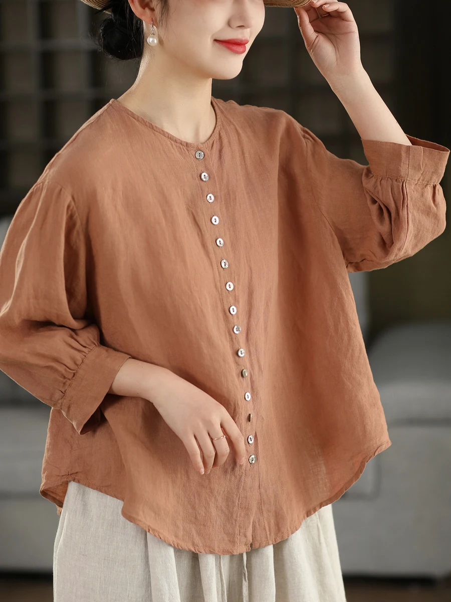 

Ретро ультратонкая женская рубашка из 100% льна, летняя, с круглым вырезом, на одной пуговице, кардиган, верхняя одежда, дышащая, свободного кроя