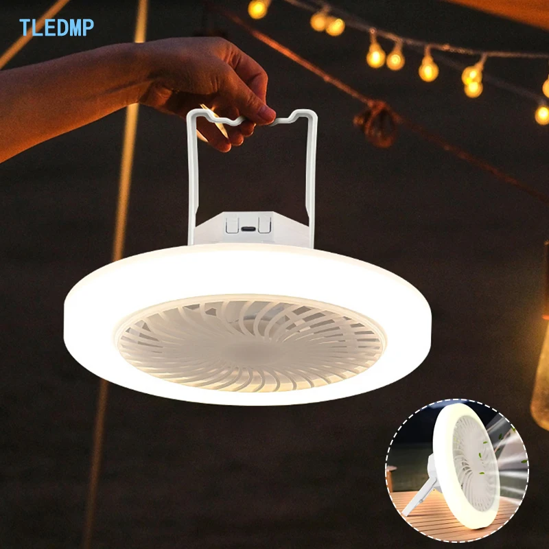 USB Rechargeable Camping Fan LED Camping Fan Light 3 Color Light Modes Hanging Hook & Stand Design for Outdoor Tent Travel
