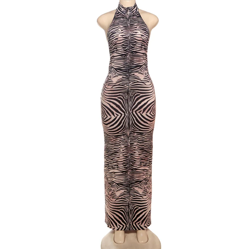 Elegante LADY Zebra Stampato Maxi Dress 2025 Donne di Estate Halter Backless Aderente Sexy Club Party Sottile Lungo Abiti Da Festa