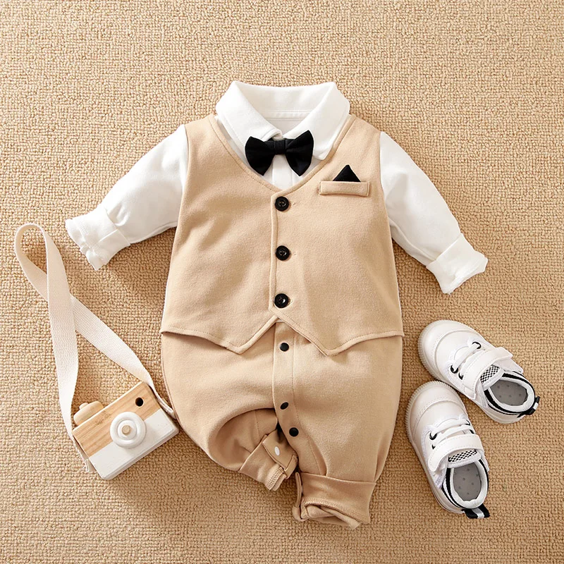 

Newborn Baby Boy Gentleman Romper Formal Suit Bow Tie Autumn Cotton Long Sleeve Jumpsuit Infant Baptism Wedding Outfit 0-18M