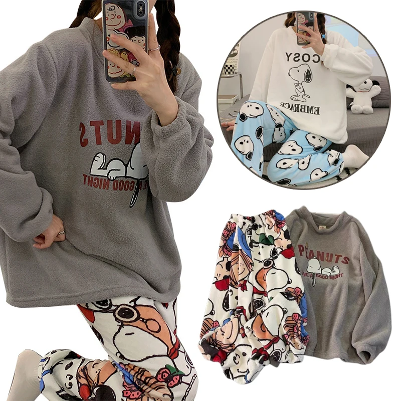 

Пижамный комплект Snoopy, брюки с длинными рукавами, комплект из 2 предметов, зимняя фланелевая домашняя одежда с героями мультфильмов, теплая пижама, женская повседневная одежда для сна, пуловер