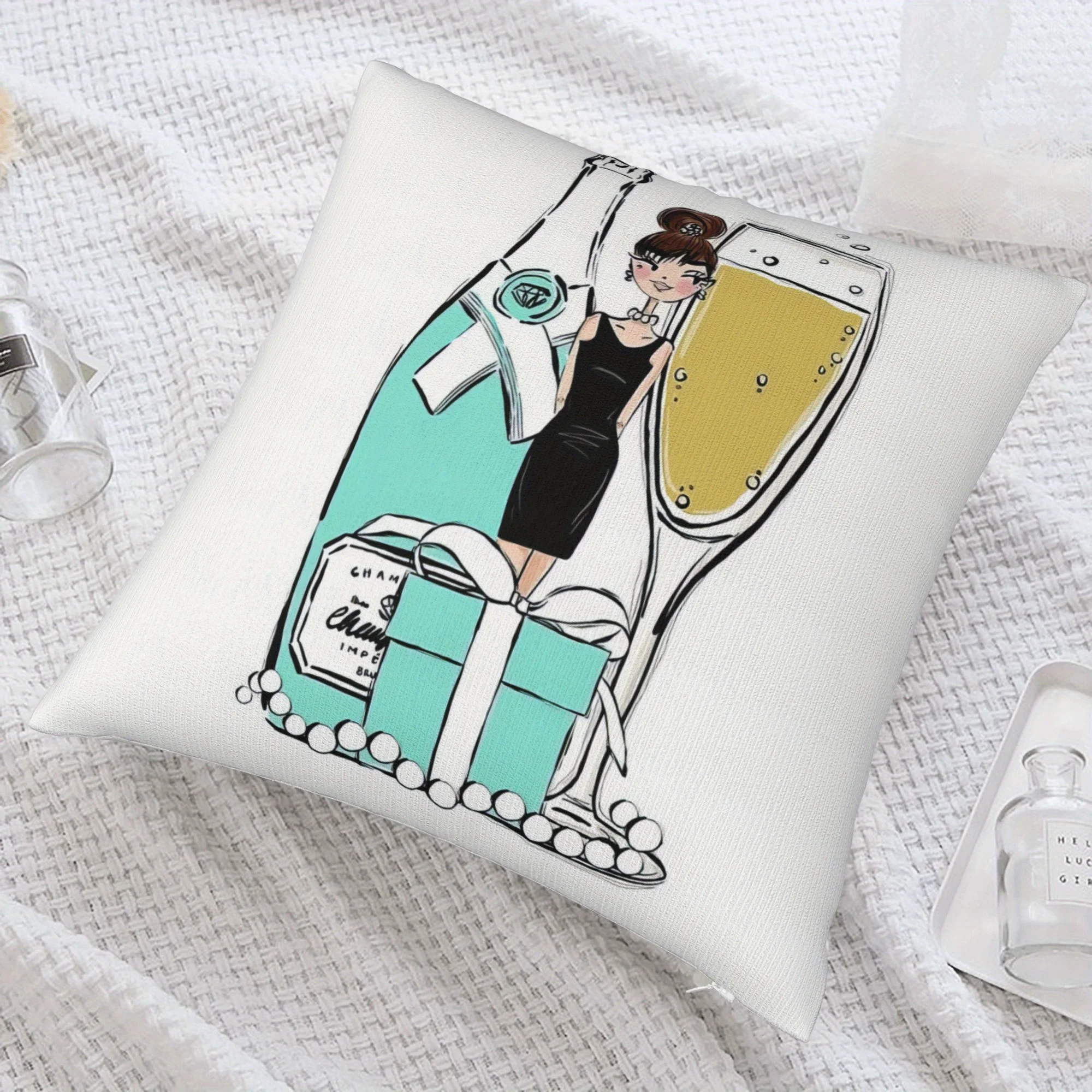 Short Plush “Tiffany’s Breakfast” Pillowcase 18x18 Inch Double Sided Printed Zipper Cushion Cover Retro NYC Chic Decor