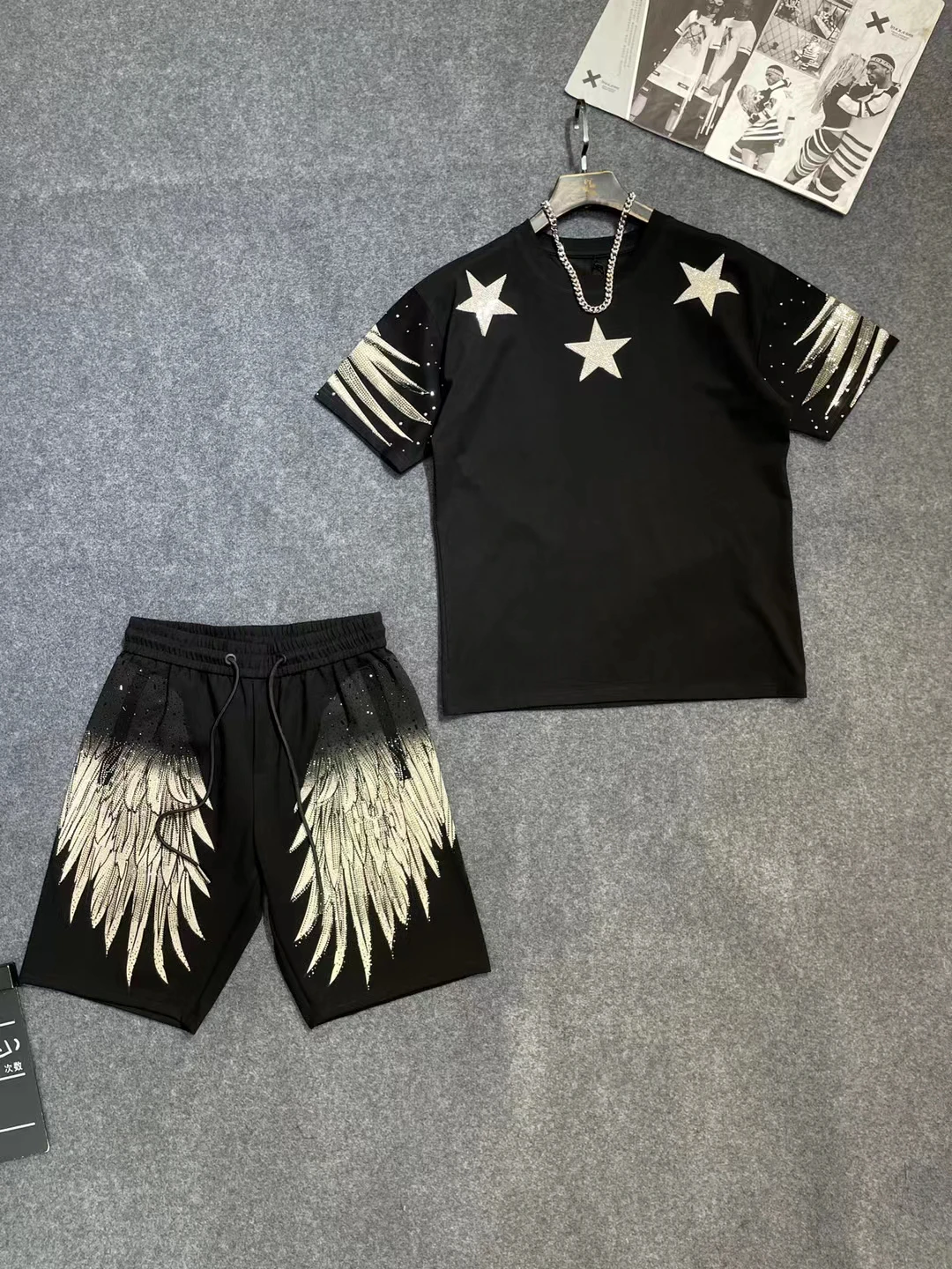 Trendy Male Wings T-shirt Short Sleeve Round Neck T-shirts Fashion Men Women 2024 Summer New Loose T-Shirts Hot Rhinestone Tops