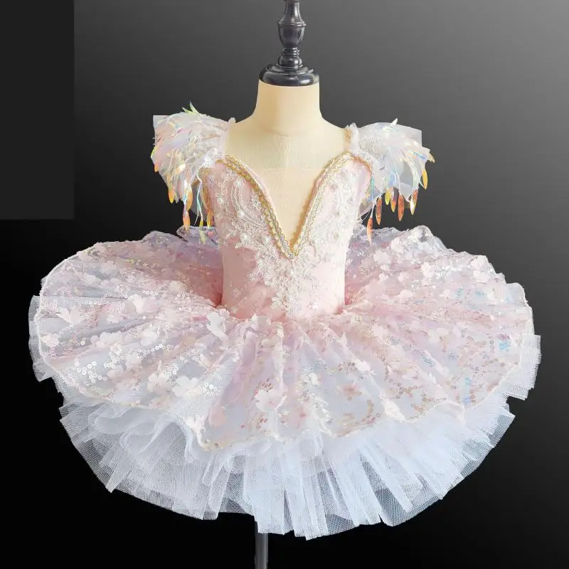 Falda de Ballet profesional para niños, vestido de baile moderno con borlas de lentejuelas, leotardo de Ballet Gimnástico, tutú de princesa de