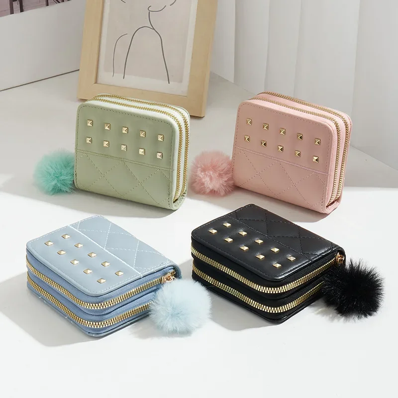 

Rivet Decoration Cute Short Wallet 2024 New Product Convenient Double Zipper Capacity Mini Women's Handbag
